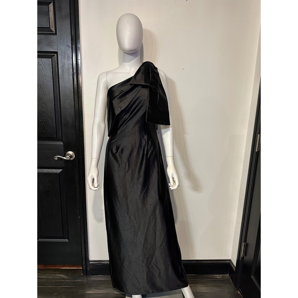 Black Satin-blend with stretch One Shoulder Bow Dress Gown Formal Wedding Guest